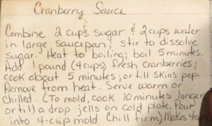 Grandma Larson's cranberry sauce recipe card.